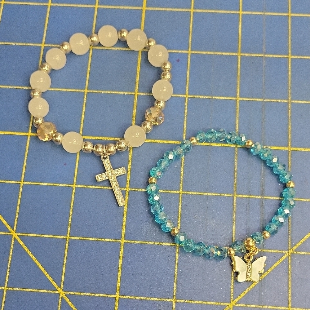 White Teal Gold TONE Bead Stretch 8" Bracelets Butterfly Cross